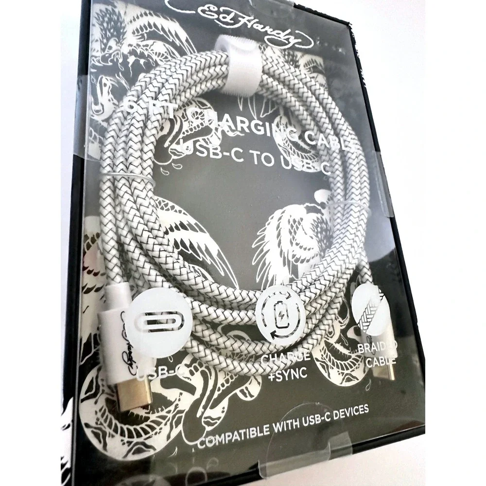 Ed Hardy USB-C to USB-C Charging Cable 6ft White Braided New PT0021EH-42